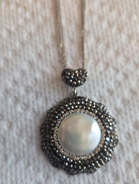 Sterling, Hematite and Large Pearl Like Pendant on Triple Strand Chain